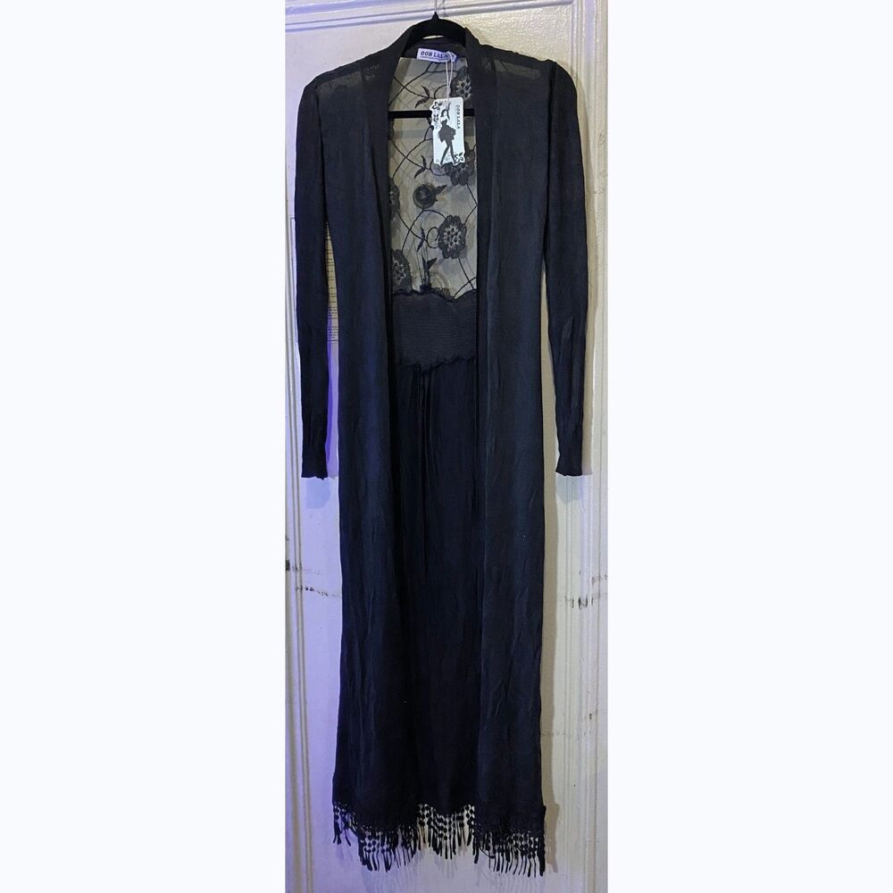 NWT Ooh La La Black Long Maxi Duster Jacket Lace Back Fringe Hem Size Small